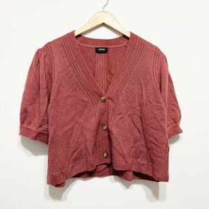 Me+Em Wool Cashmere Silk Button Front Short Sleeve Cardigan Sweater Mauve Large